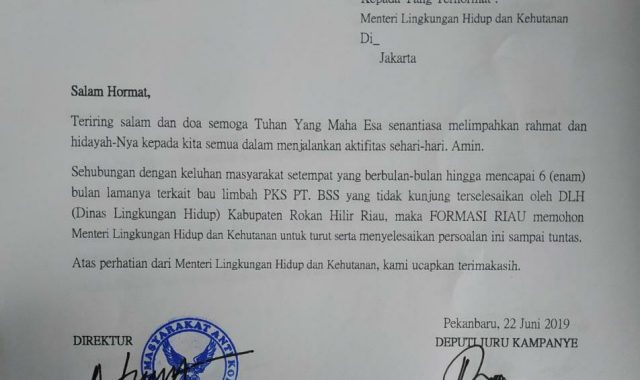 Bau limbah PKS PT. Balam Sawit Sejahetra (BSS), FORMASI Riau surati Menteri LHK di Jakarta.